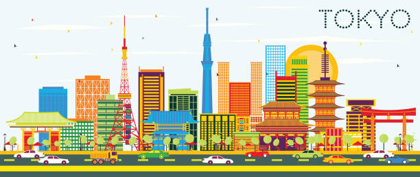 色の建物と青空と東京スカイライン。 - 東京　ビル点のイラスト素材／クリップアート素材／マンガ素材／アイコン素材