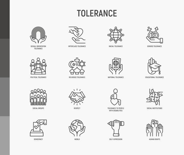 tolerancja cienka linia ikony zestaw: płeć, rasowy, narodowy, religijny, orientacja seksualna, edukacja, interclass, dla niepełnosprawności, szacunek, wyrażanie siebie, prawa człowieka, demokracja. ilustracja wektorowa. - diversity stock illustrations
