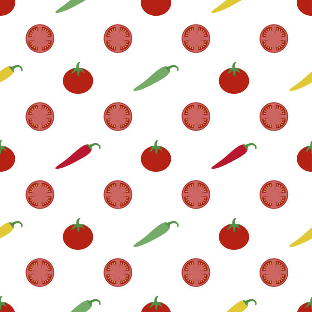 stockillustraties, clipart, cartoons en iconen met tomaten en paprika's achtergrond - pepernoten