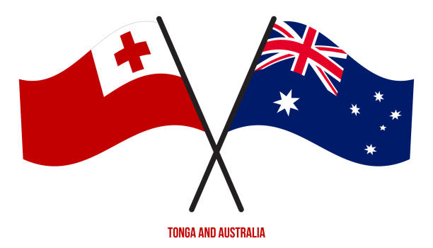 tonga i australia flagi skrzyżowane i machając płaski styl. oficjalny proporcja. popraw kolory. - tonga stock illustrations