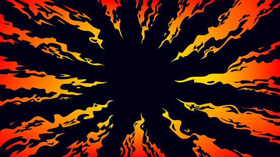 Tongues of fire directed to the center on a black background. Comic fantasy fire flame backgrounds