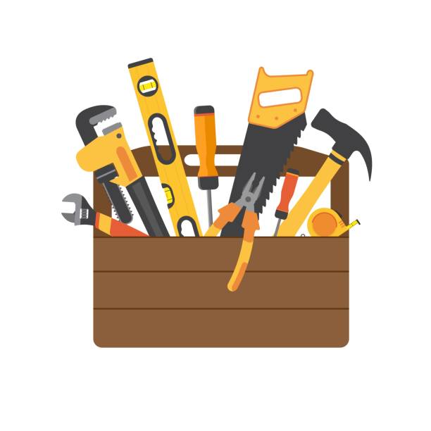Toolbox with instruments inside. Workman's toolkit. Tool chest with hand tools. Workbox in flat style. Vector illustration Toolbox with instruments inside. Workman's toolkit. Tool chest with hand tools. Workbox in flat style. Vector illustration tool belt stock illustrations
