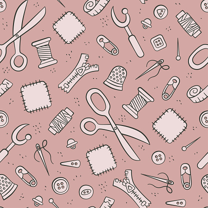 Tools and accessories for Sewing and needlework. Seamless pattern in doodle and cartoon style.