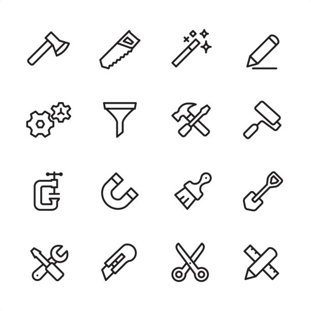 Tools and Settings - outline icon set 16 line black and white icons / Set #24 scissors stock illustrations