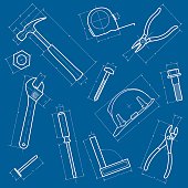 A vector illustration of a tools background made to look like a blueprint.  File may be scaled to any size without distortion or loss of quality.