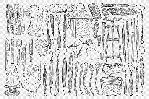 Tools for sculpture doodle set. Collection of hand drawn equipment stone scapula stools and hammers for making handmade sculpture isolated on transparent background
