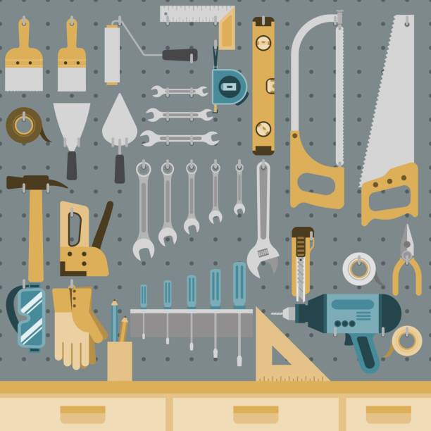 Tools on peg board Set of tools hanging on peg board wall with shelf and drawers pegboard stock illustrations