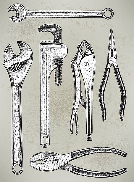 Tools - Repair Equipment, Wrench, Pliers Tools - Repair Equipment, Wrench, Pliers. Pen and ink illustrations of Tools. Check out my "Construction Vector" light box for more. mechanic clipart stock illustrations