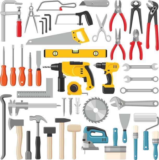 Tools Construction and working tool collection - vector color illustration electric saw stock illustrations