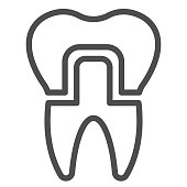Tooth crown line icon. Prosthesis or implant dental treatment symbol, outline style pictogram on white background. Dentistry sign for mobile concept and web design. Vector graphics