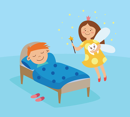 Tooth fairy visiting a sleeping boy, fantasy girl in a crown flying in the room with magic wand