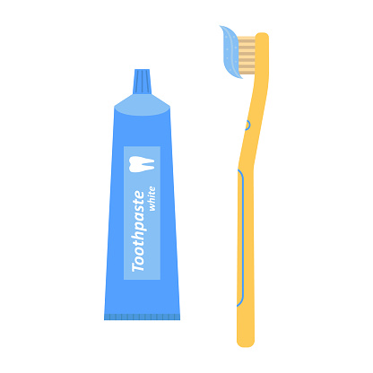 Toothbrush and a tube of toothpaste. Flat style. Vector illustration on white isolated background.