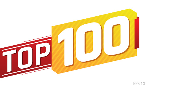 Top 100 word on red and yellow ribbon. Vector illustration.