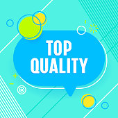 Top Quality Banner, Commercial Poster in Creative Trendy Style with Geometric Shapes on Blue Background. Marketing Promotion Certificate, Excellent Product Control, Advertisement. Vector Illustration