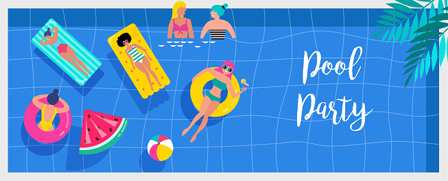Top view beach background, Pool party, Summer water activities, scene with a lot of tiny people, characters, umbrellas, balls and kids. Vector banner, poster design