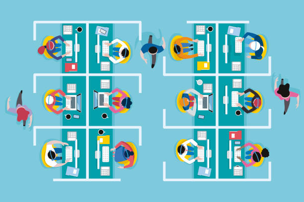 Top view call center Top view of an office call center with workers working with computers and headset in cubicles.
Vector illustration. office cubicle stock illustrations