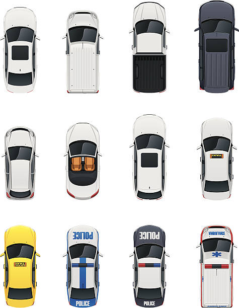 Top view cars set Set of the detailed top view cars high angle view stock illustrations