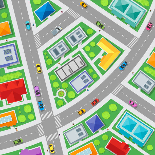 ilustrações, clipart, desenhos animados e ícones de fundo de mapa de ruas cidade vista de cima. vector - city from top