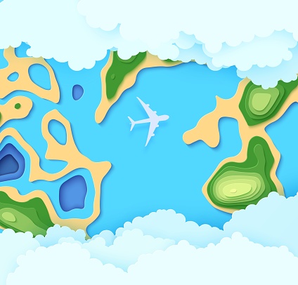 Top view cloudy landscape in paper cut style. Aerial view 3d background with airliner ocean forest and island. Vector papercut illustration of creative concept idea environment conservation and nature