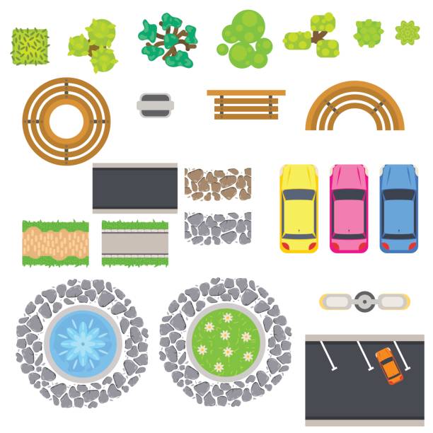 Top view landscape vector isolated objects Top view landscape vector isolated objects. Park benches, trees, bush, car, fountain and lantern. City infrastructure. Urban recreation area. fountain stock illustrations