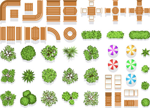Top view landscaping architecture city park plan vector symbols, wooden benches and trees Top view landscaping architecture city park plan vector symbols, wooden benches and trees. Wooden modern sitting and table for design, illustration of creative natural structure city umbrella and tree architecture symbols stock illustrations