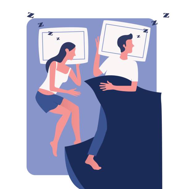 ilustrações de stock, clip art, desenhos animados e ícones de top view of a couple sleeping in bed together under the blanket. vector illustration - sleeping couple