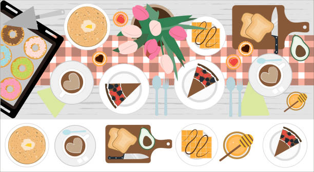 Top view of a table with lunch or Breakfast for two. Vector illustration of a dining table with coffee, cake, cookies, avocado toast, pancakes, waffles, doughnuts and appliances. Wooden table with tablecloth, flowers and serving. Top view of a table with lunch or Breakfast for two. Vector illustration of a dining table with coffee, cake, cookies, avocado toast, pancakes, waffles, doughnuts and appliances. Flat design for a restaurant, menu, home interior dining room or cooking site. Wooden table with tablecloth, flowers and serving. cartoon of the baking tools stock illustrations