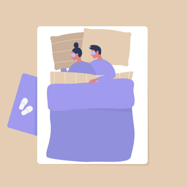 Top view of a young adult couple cuddling under the blanket in the bedroom, modern interior and lifestyle Top view of a young adult couple cuddling under the blanket in the bedroom, modern interior and lifestyle bed furniture patterns stock illustrations