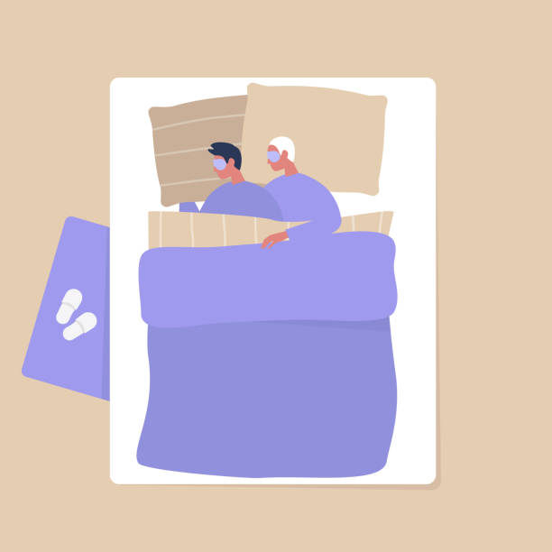 Top view of a young adult homosexual  couple cuddling under the blanket in the bedroom, modern interior and lifestyle Top view of a young adult homosexual  couple cuddling under the blanket in the bedroom, modern interior and lifestyle gay spooning stock illustrations