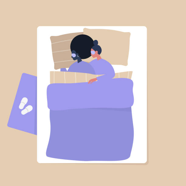 Top view of a young adult lesbian couple cuddling under the blanket in the bedroom, modern interior and lifestyle Top view of a young adult lesbian couple cuddling under the blanket in the bedroom, modern interior and lifestyle gay spooning stock illustrations