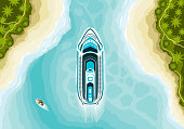 Top view of cruise ship in summer landscape, Vector illustration