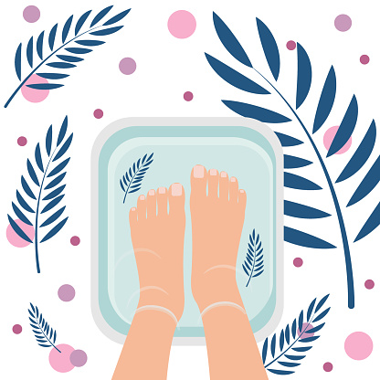 Top view of female feet in bath for cleansing. Spa procedure, pedicure. Nice atmosphere with plant leaves. Vector illustration