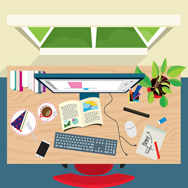 stockillustraties, clipart, cartoons en iconen met top view of graphic designer concept desk - windows laptop table