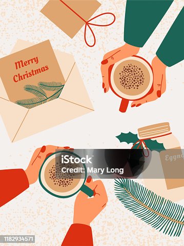istock Top view of Human hands hold mug with eggnog surrounded by gifts, greeting cards with wishes Merry Christmas, bottle with eggnog 1182934571