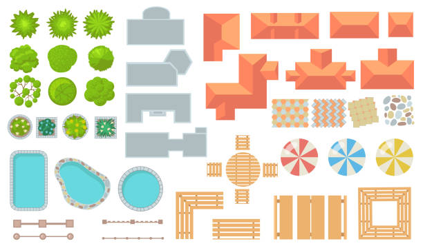 Top view of park and city elements flat icon set Top view of park and city elements flat icon set. Cartoon fences, trees, houses, tiles, buildings for map design vector illustration collection. Architecture and landscape concept aerial view stock illustrations