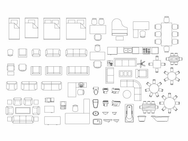 Top view of set furniture elements outline symbol for bedroom, kitchen, bathroom, dining room and living room. Interior icon bed, chair, table and sofa. Top view of set furniture elements outline symbol for bedroom, kitchen, bathroom, dining room and living room. Interior icon bed, chair, table and sofa. architecture icons stock illustrations