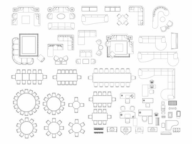 ilustrações de stock, clip art, desenhos animados e ícones de top view of set furniture elements outline symbol for dining room, office, working, living room and accessories. interior icon chair, table and sofa. - table