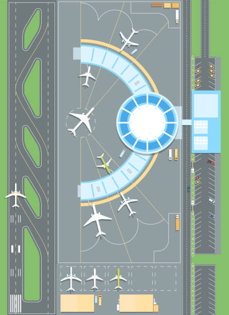 Top view of the airport - modern vector colorful illustration Top view of the airport - modern vector colorful illustration. A composition with a terminal, airplanes, departure area, car parking, landing zone airport drawings stock illustrations