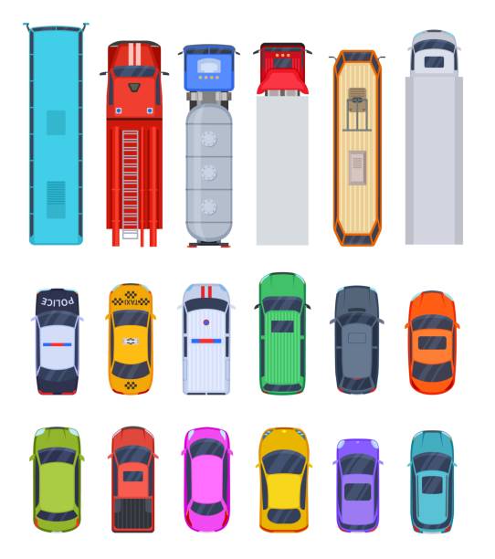 Top view public transport. Truck, cars isolated icons. Police and taxi, fire and ambulance vehicle. Colorful creative transportation exact vector elements Top view public transport. Truck, cars isolated icons. Police and taxi, fire and ambulance vehicle. Colorful creative transportation exact vector elements. Illustration of top view transport design traffic clipart stock illustrations