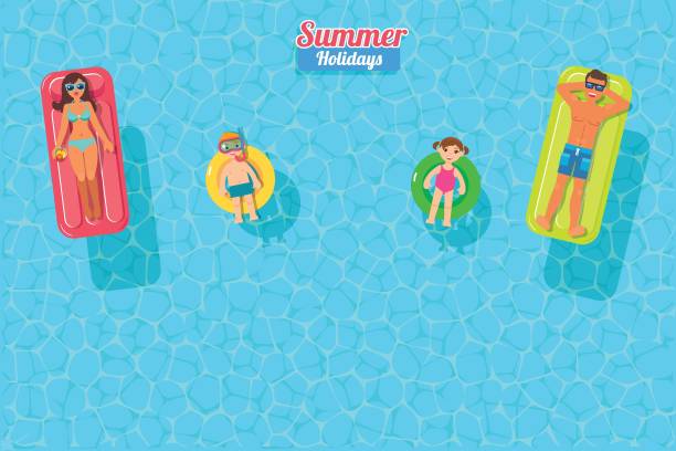 stockillustraties, clipart, cartoons en iconen met bovenaanzicht vector banner met zonnebaden familie - swimming baby