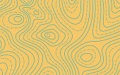 Topographic map lines yellow and blue abstract background pattern.
