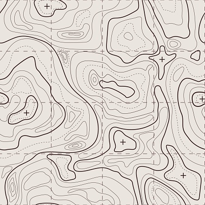 Topographic map. Geographic terrain, vintage old geological contour lines with grid. Seamless pattern topography map vector background