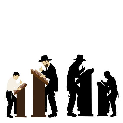 Torah study, silhouette and clipart drawing of a father and son studying Torah. Two ultra Orthodox Jewish figures, observant of Torah, rely on standards. The two swing their thumbs while studying.