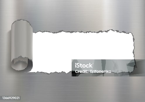 istock Torn metal plate with a curled edge. 1366929021