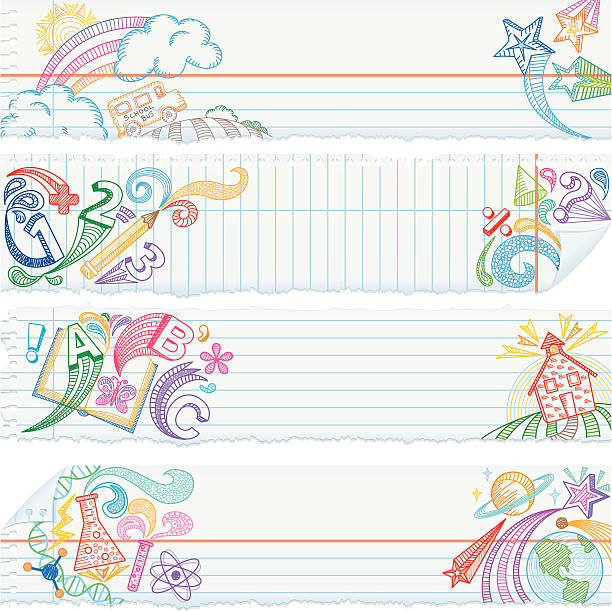 Torn Notebook Paper Banners — School Subjects Doodles of School Subjects on torn notebook paper. school background stock illustrations