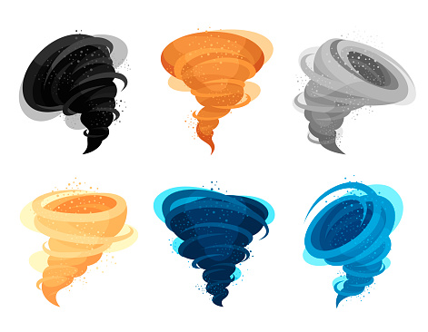 Tornado winds flat colorful vector illustrations set