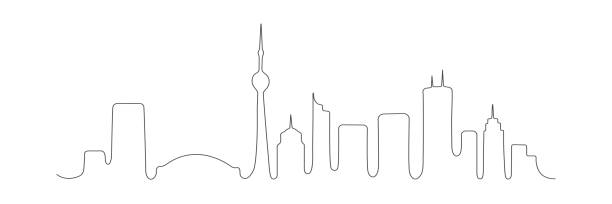 Toronto one line buildings. Canadian city skyline architecture. Toronto one line buildings. Canadian city skyline architecture. Toronto famous building. Minimal linear city life concept. Vector line art illustration isolated on white canadian culture illustrations stock illustrations