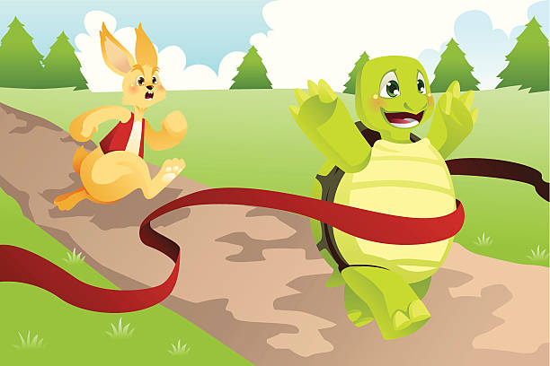 Tortoise winning a race in front of a hare vector art illustration