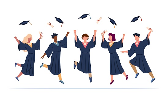 Tossing Caps. Happy college graduates group throw up caps, students graduation ceremony from university, boys and girls in student robes. Vector flat cartoon isolated on white concept
