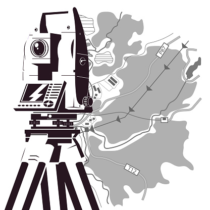 Total station and map of the area for geodesy
